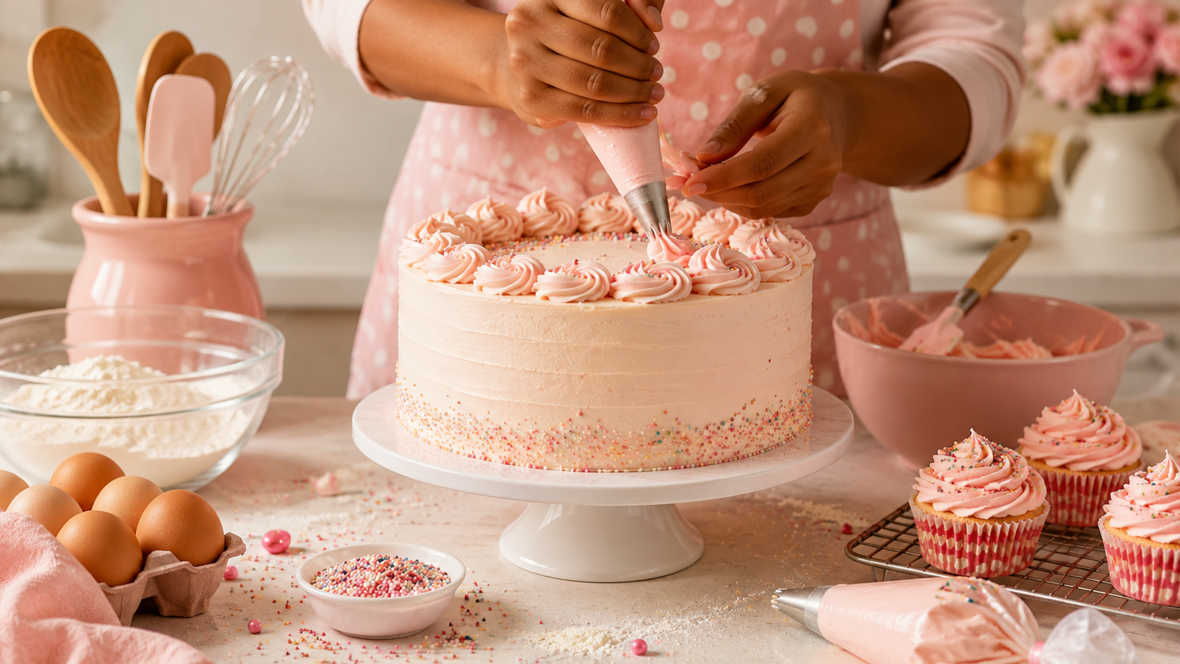 Hanny hand-decorating a cake in the studio